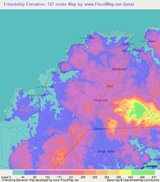 Friendship,Jamaica Elevation Map