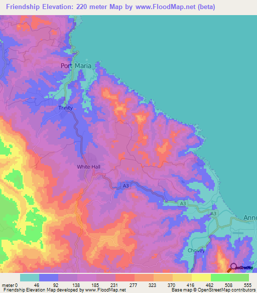 Friendship,Jamaica Elevation Map