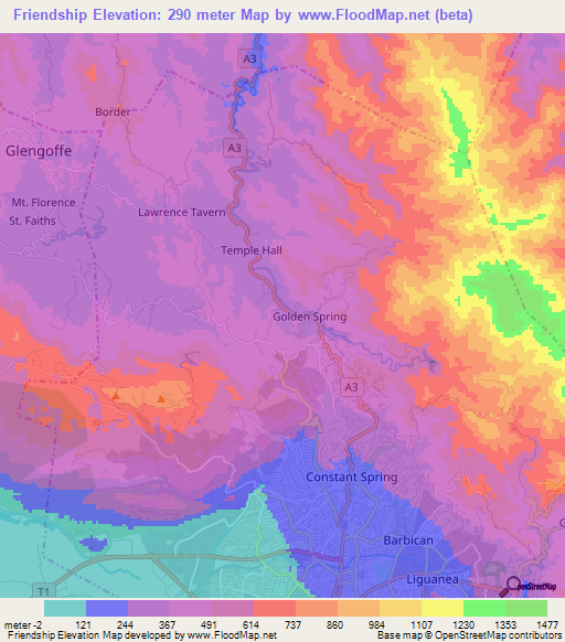 Friendship,Jamaica Elevation Map