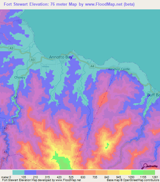 Fort Stewart,Jamaica Elevation Map