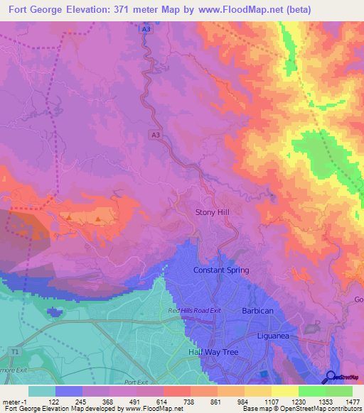 Fort George,Jamaica Elevation Map