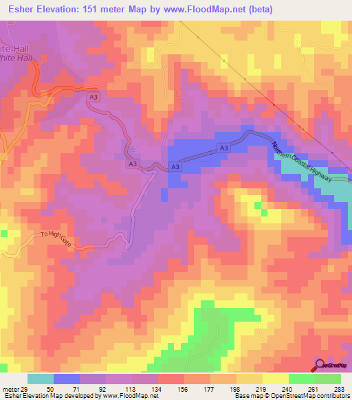Esher,Jamaica Elevation Map