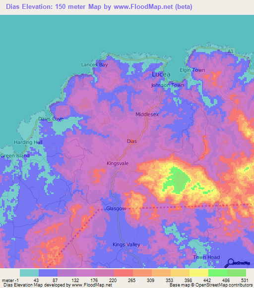 Dias,Jamaica Elevation Map
