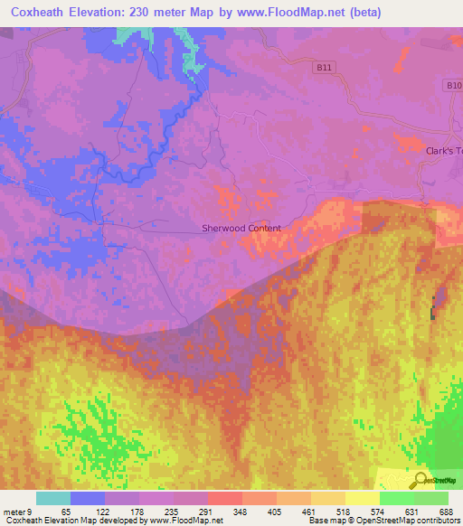 Coxheath,Jamaica Elevation Map