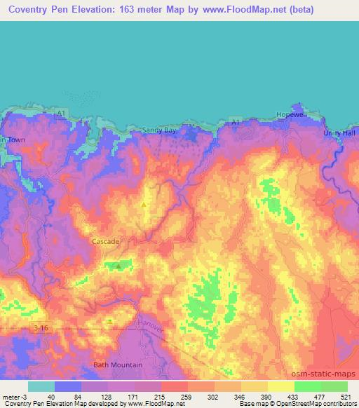 Coventry Pen,Jamaica Elevation Map