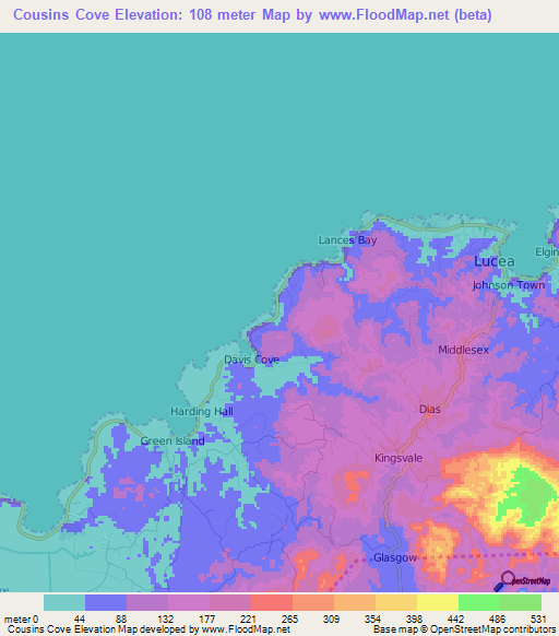 Cousins Cove,Jamaica Elevation Map