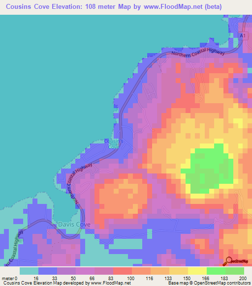 Cousins Cove,Jamaica Elevation Map