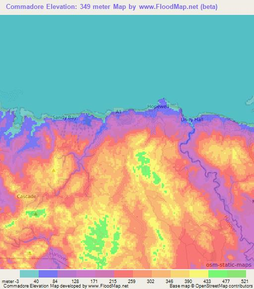 Commadore,Jamaica Elevation Map