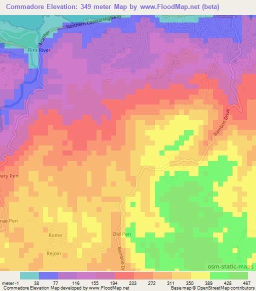 Commadore,Jamaica Elevation Map