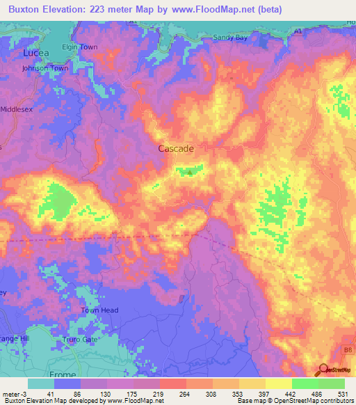 Buxton,Jamaica Elevation Map