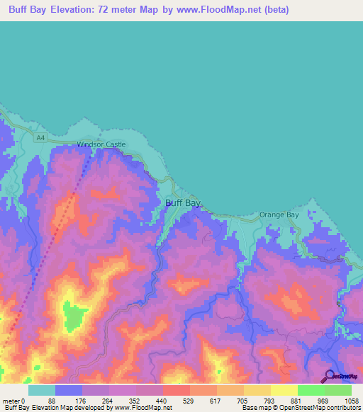 Buff Bay,Jamaica Elevation Map