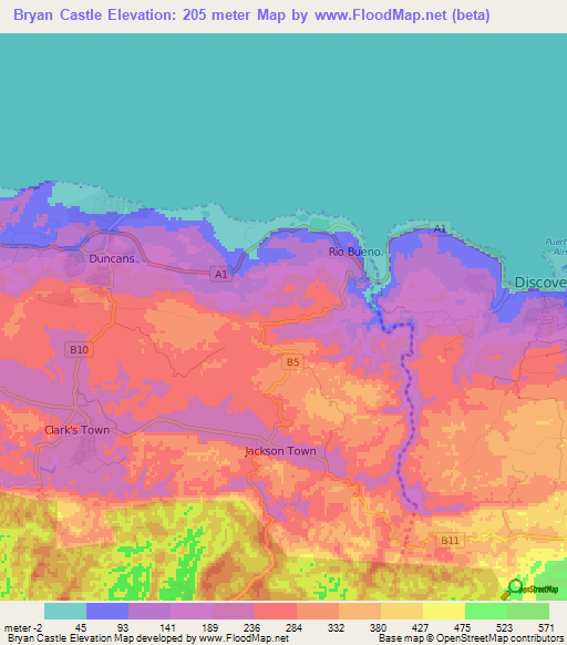 Bryan Castle,Jamaica Elevation Map