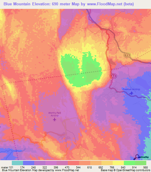 Blue Mountain,Jamaica Elevation Map