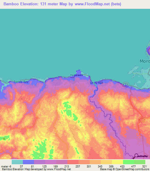 Bamboo,Jamaica Elevation Map