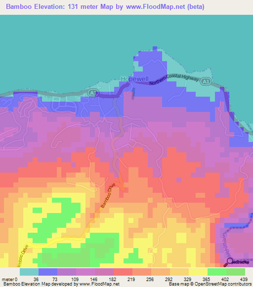 Bamboo,Jamaica Elevation Map