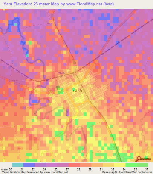 Yara,Cuba Elevation Map