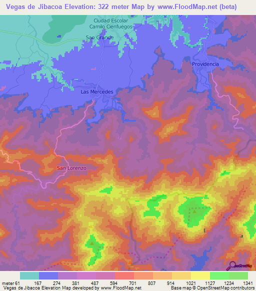 Vegas de Jibacoa,Cuba Elevation Map