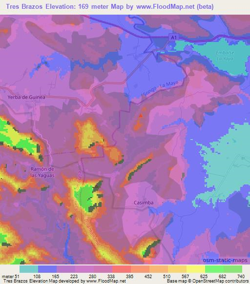 Tres Brazos,Cuba Elevation Map