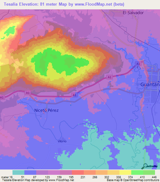 Tesalia,Cuba Elevation Map