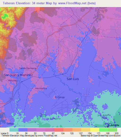 Teheran,Cuba Elevation Map