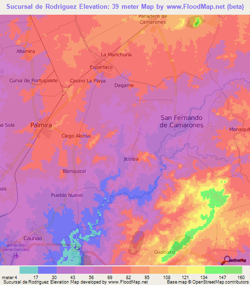 Sucursal de Rodriguez,Cuba Elevation Map