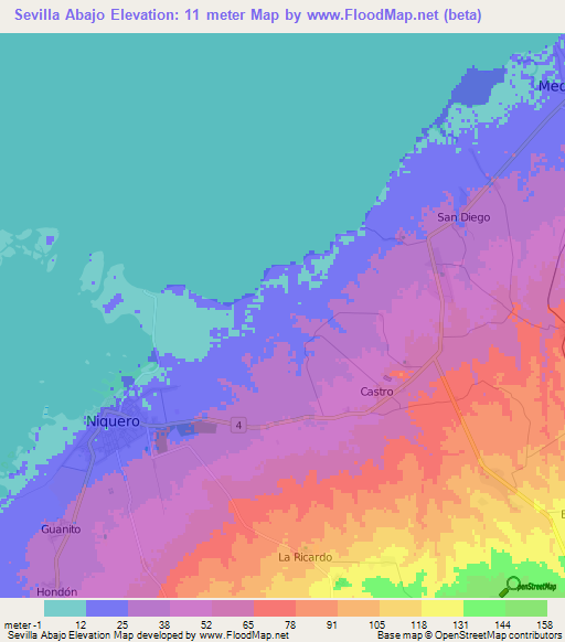 Sevilla Abajo,Cuba Elevation Map