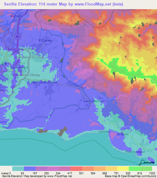 Sevilla,Cuba Elevation Map