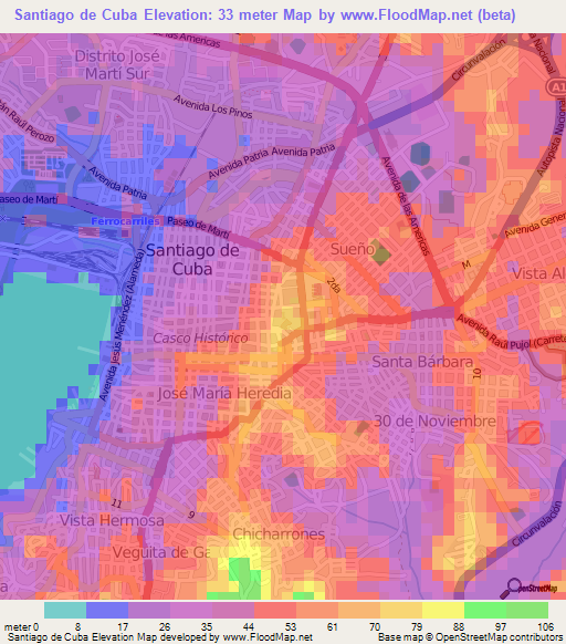 Santiago de Cuba,Cuba Elevation Map