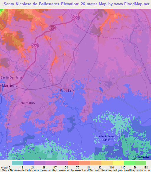 Santa Nicolasa de Ballesteros,Cuba Elevation Map