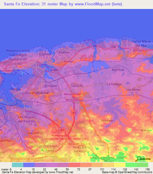 Santa Fe,Cuba Elevation Map