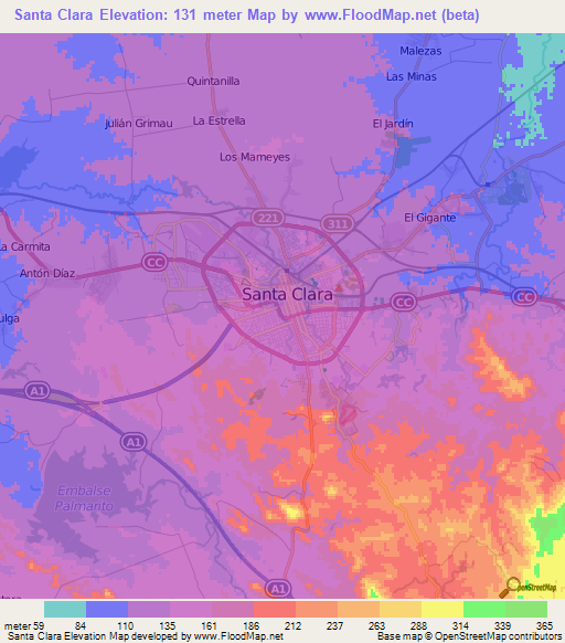 Santa Clara,Cuba Elevation Map