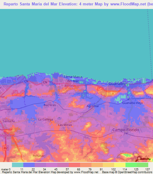 Reparto Santa Maria del Mar,Cuba Elevation Map