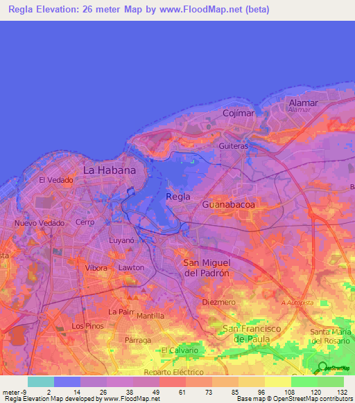 Regla,Cuba Elevation Map