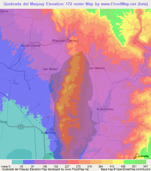 Quebrada del Maquey,Cuba Elevation Map