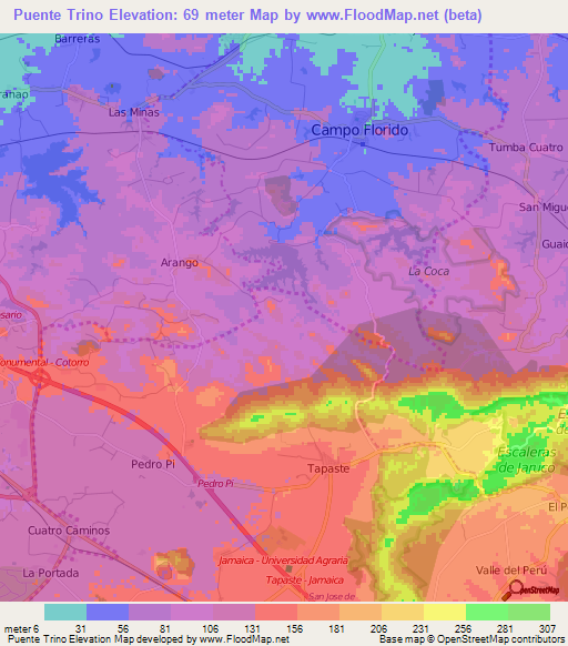 Puente Trino,Cuba Elevation Map