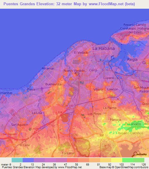 Puentes Grandes,Cuba Elevation Map