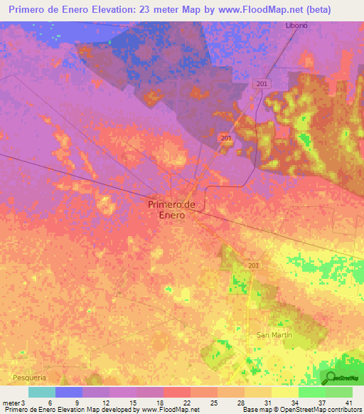 Primero de Enero,Cuba Elevation Map