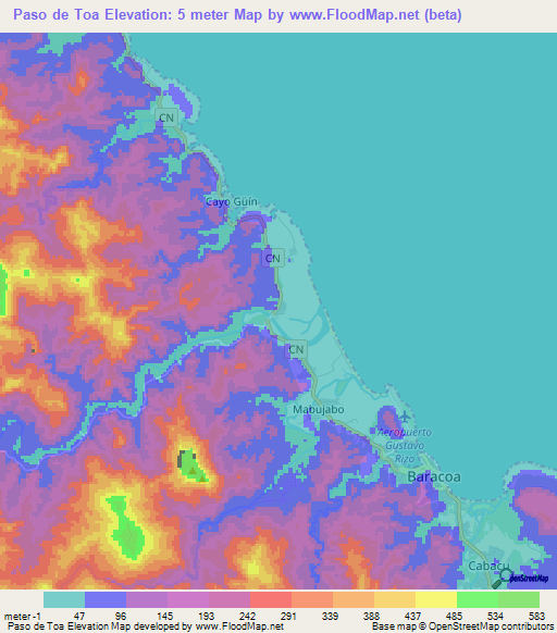 Paso de Toa,Cuba Elevation Map