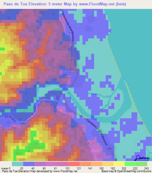 Paso de Toa,Cuba Elevation Map