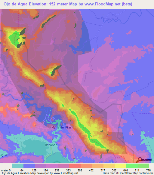 Ojo de Agua,Cuba Elevation Map