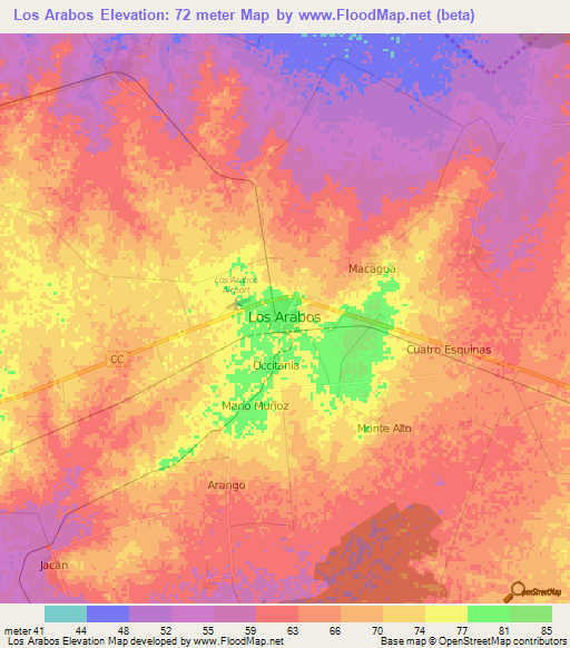 Los Arabos,Cuba Elevation Map