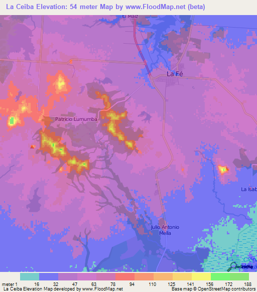 La Ceiba,Cuba Elevation Map