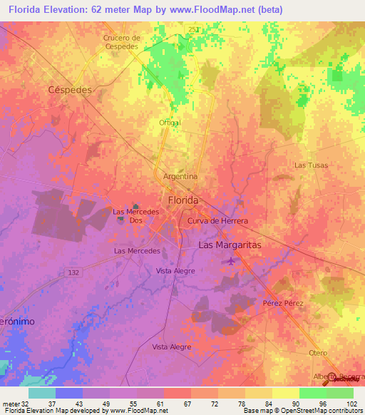 Florida,Cuba Elevation Map