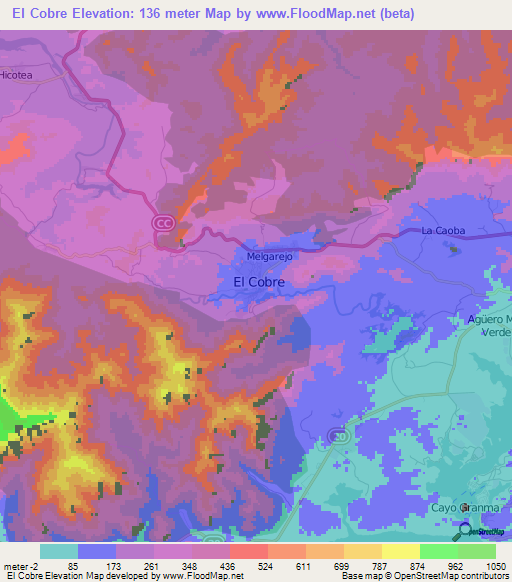 El Cobre,Cuba Elevation Map