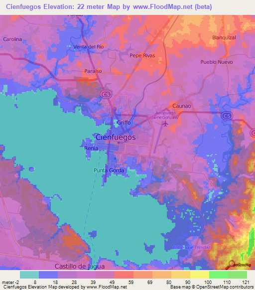 Cienfuegos,Cuba Elevation Map