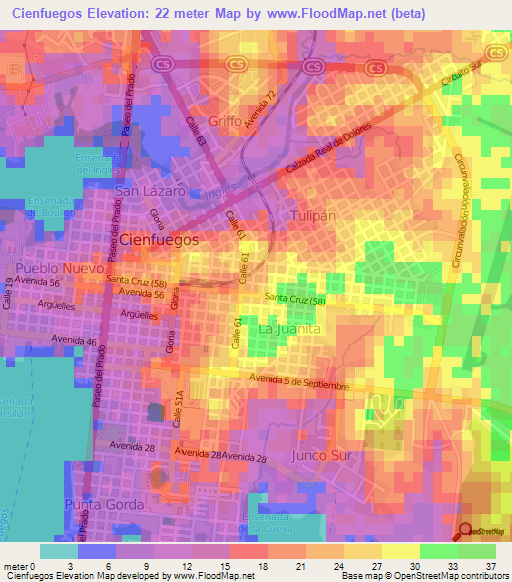 Cienfuegos,Cuba Elevation Map