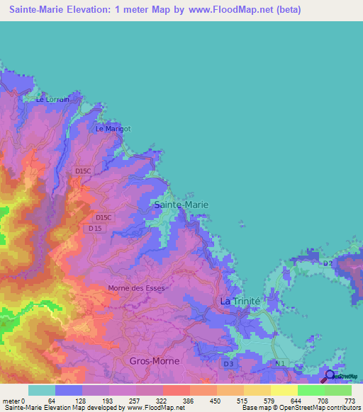 Sainte-Marie,Martinique Elevation Map