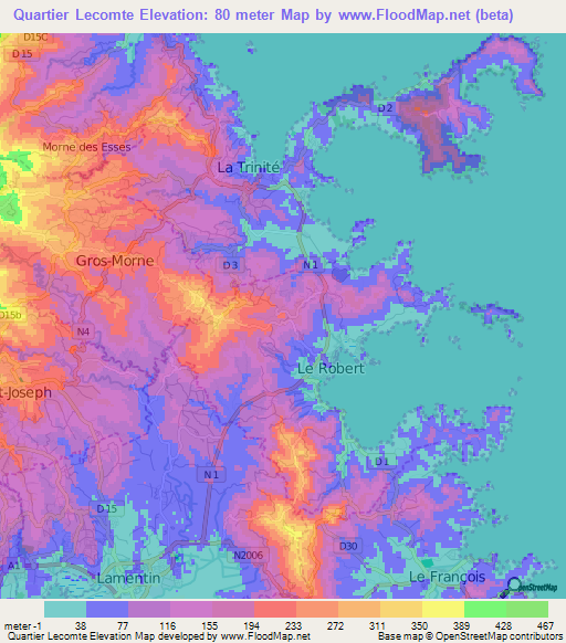 Quartier Lecomte,Martinique Elevation Map