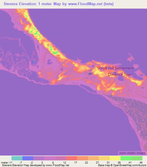 Stevens,Bahamas Elevation Map