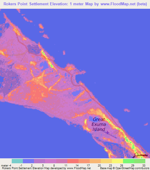 Rokers Point Settlement,Bahamas Elevation Map